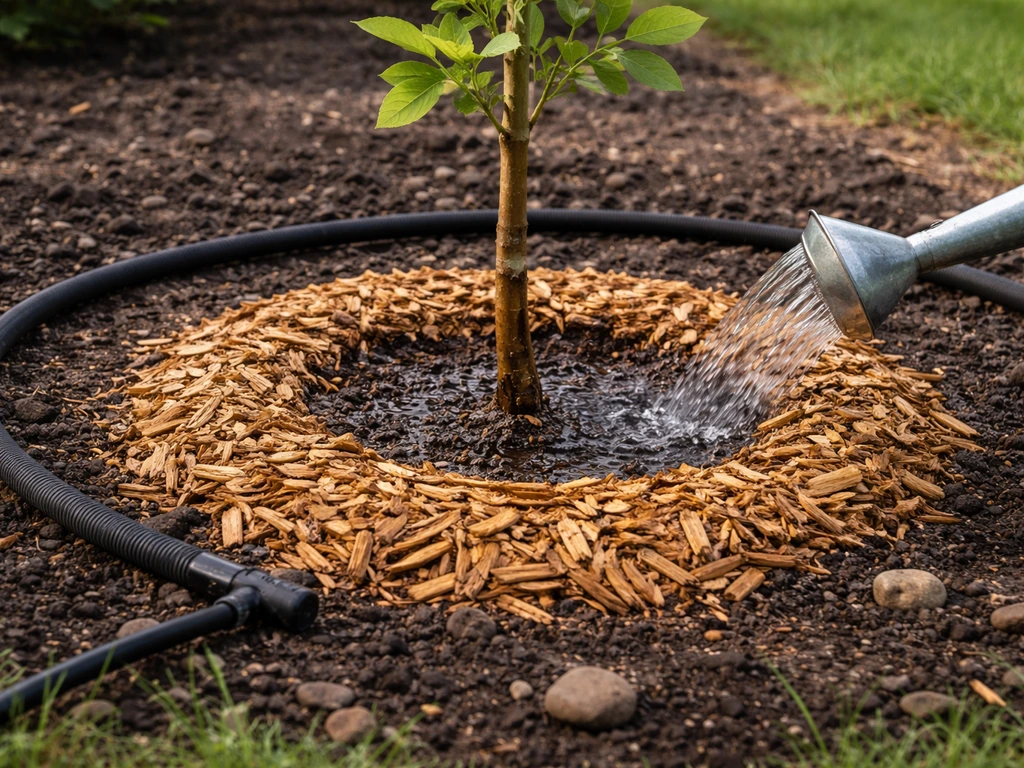 Young nut tree in fresh Michigan soil with watering soaker line and mulch ring around the trunk.