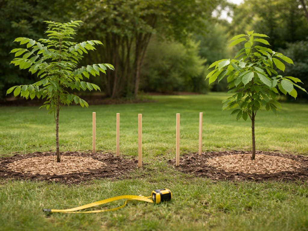 Minimal orchard scene with distance stakes showing spacing and two nut saplings for pollination.