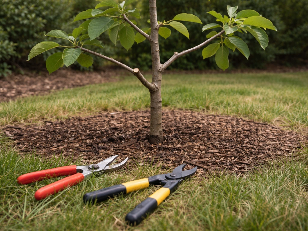 Young nut tree with central leader after pruning, with secateurs and loppers on the grass nearby.