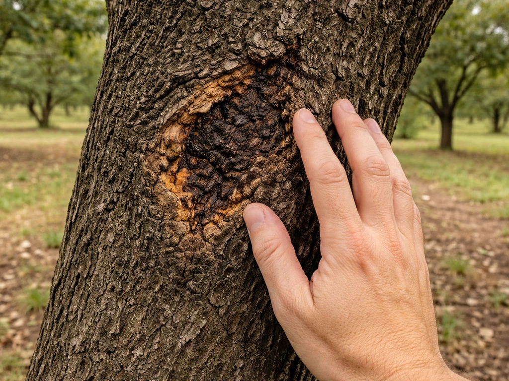 Close-up of black walnut trunk with a canker and a hand inspecting the bark outdoors.