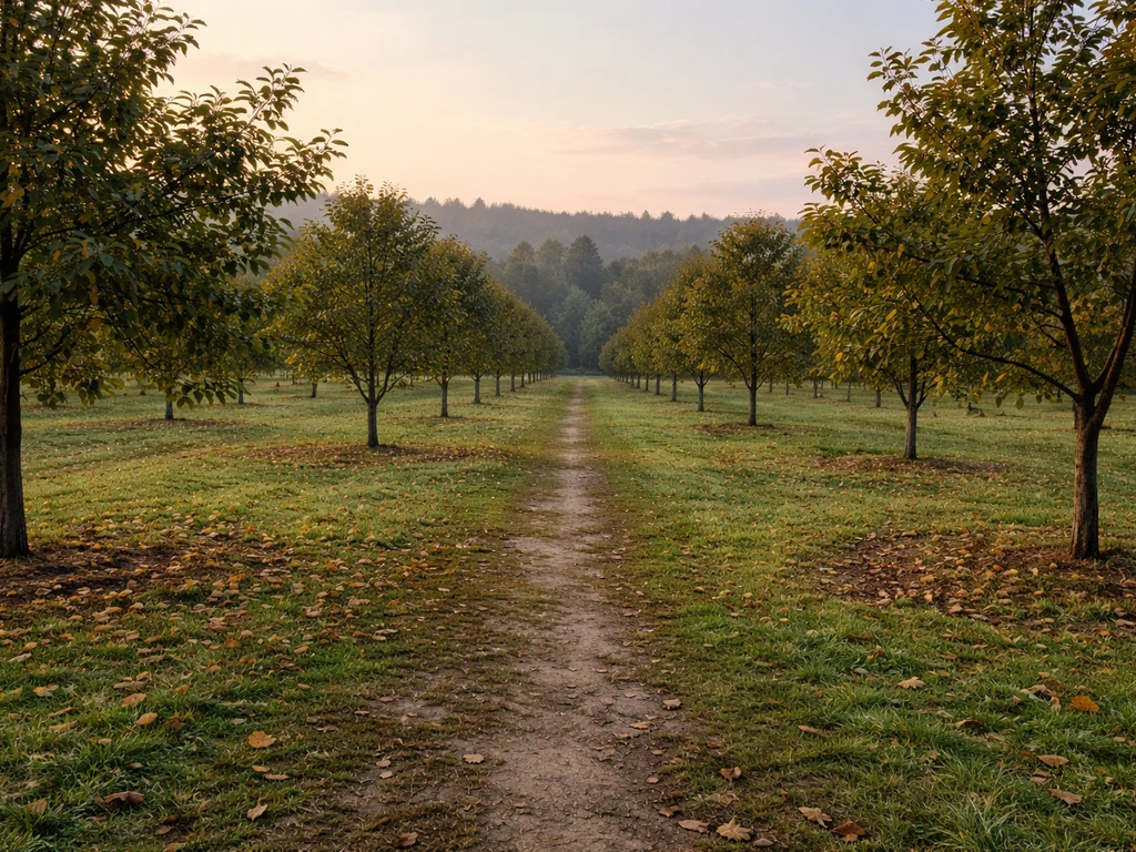 Hardy nut tree orchard in Maine landscape under soft sunrise light