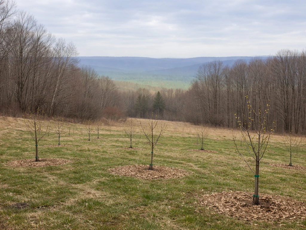 Minimal Maine orchard with soft color zone bands suggesting USDA zones 3–6 over the landscape.