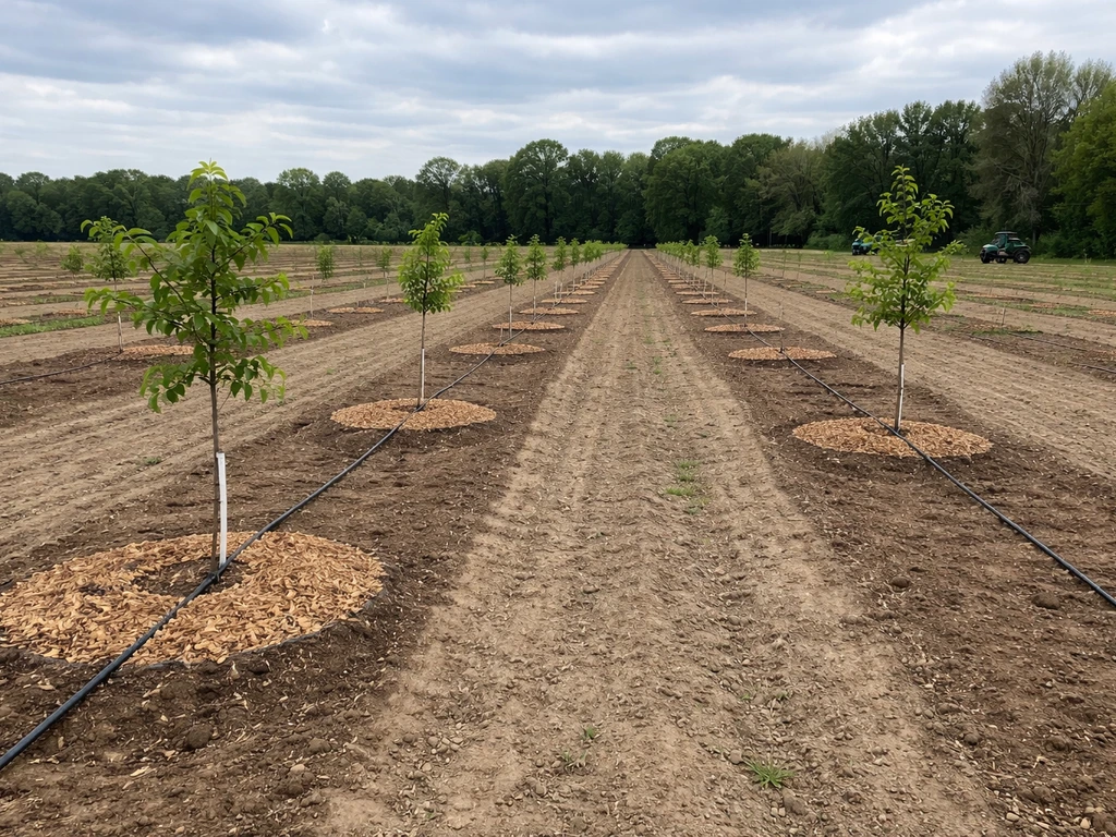 Young walnut, hickory, and chestnut saplings planted in neat orchard rows.