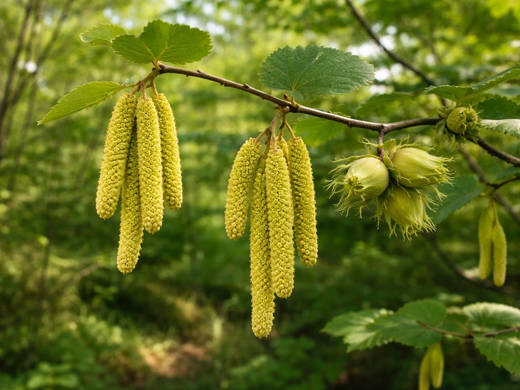 American hazelnut branches with drooping catkins and a few hazelnuts on a Maine-like shrub background.