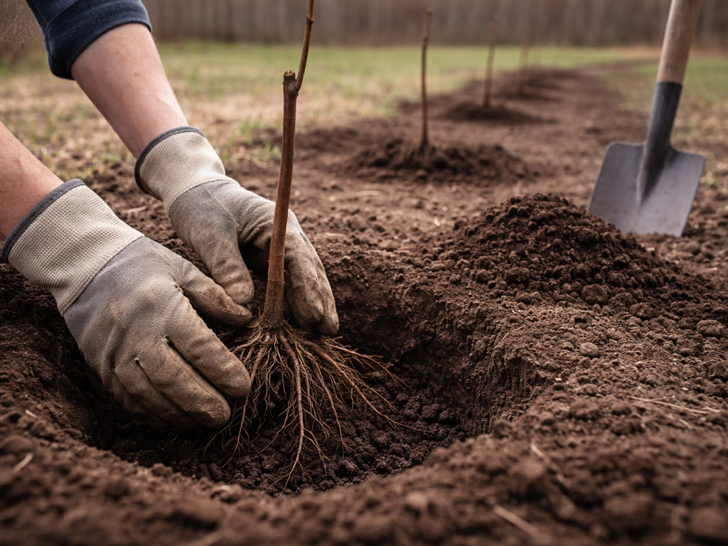 Hands placing a bare-root nut tree in prepared soil, showing spacing in a simple garden bed.