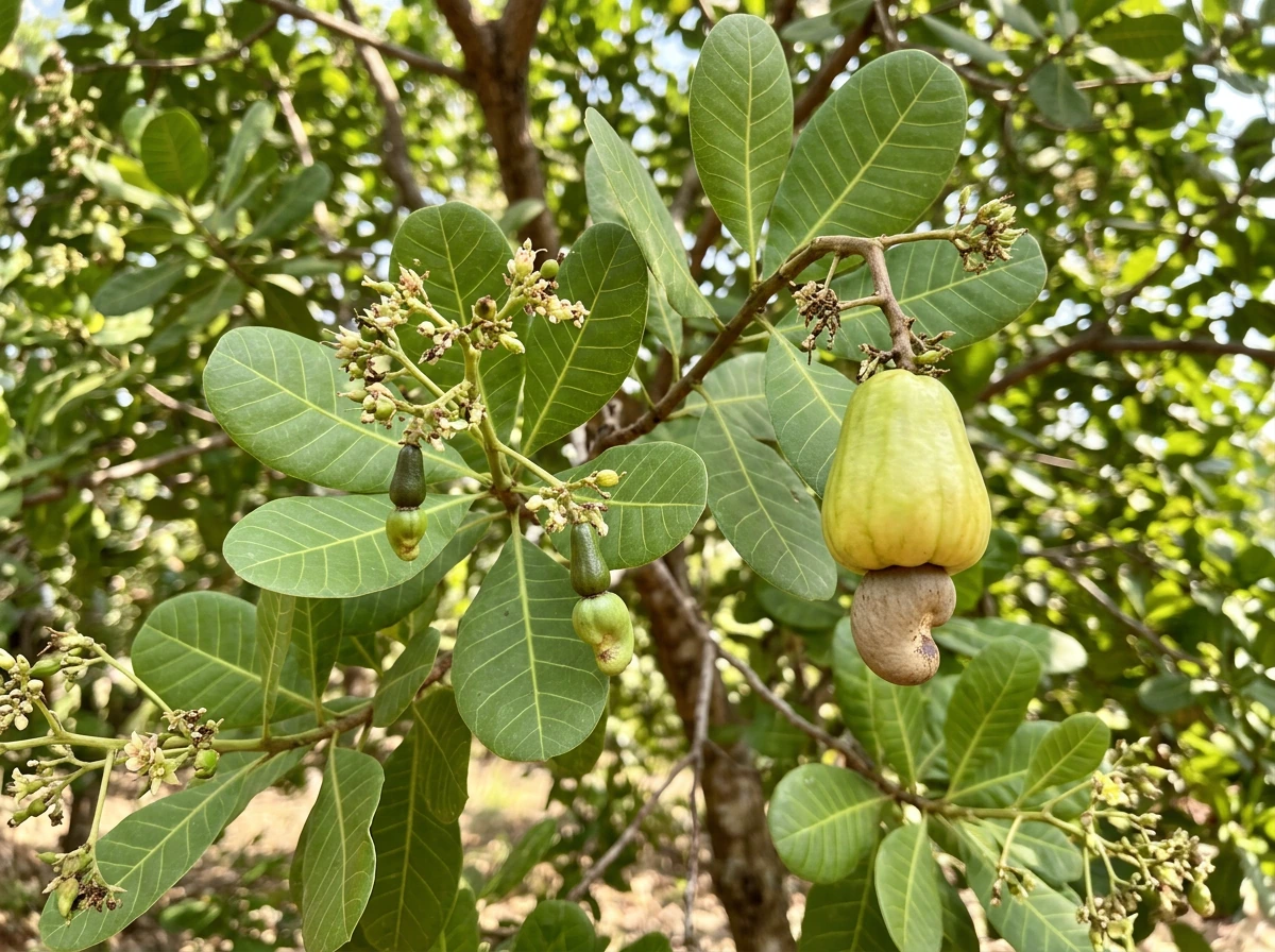 Cashew tree branch showing developing nut and swollen cashew apple.