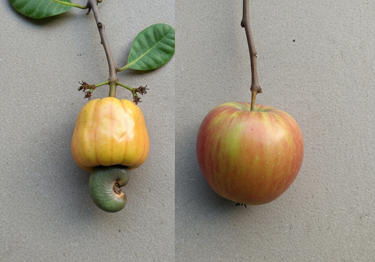Side-by-side cashew fruit and apple fruit comparison.