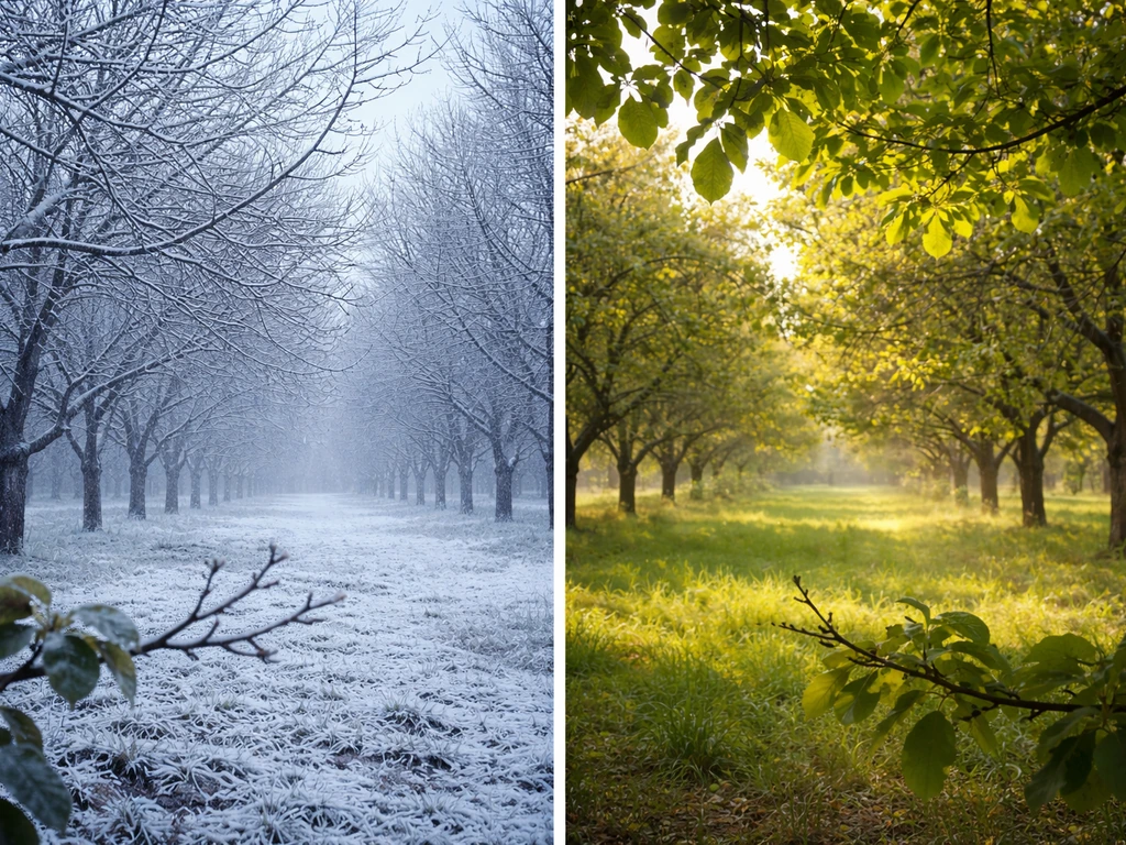 English walnut orchard edge split between snow-dusted winter chill and warm growing season glow