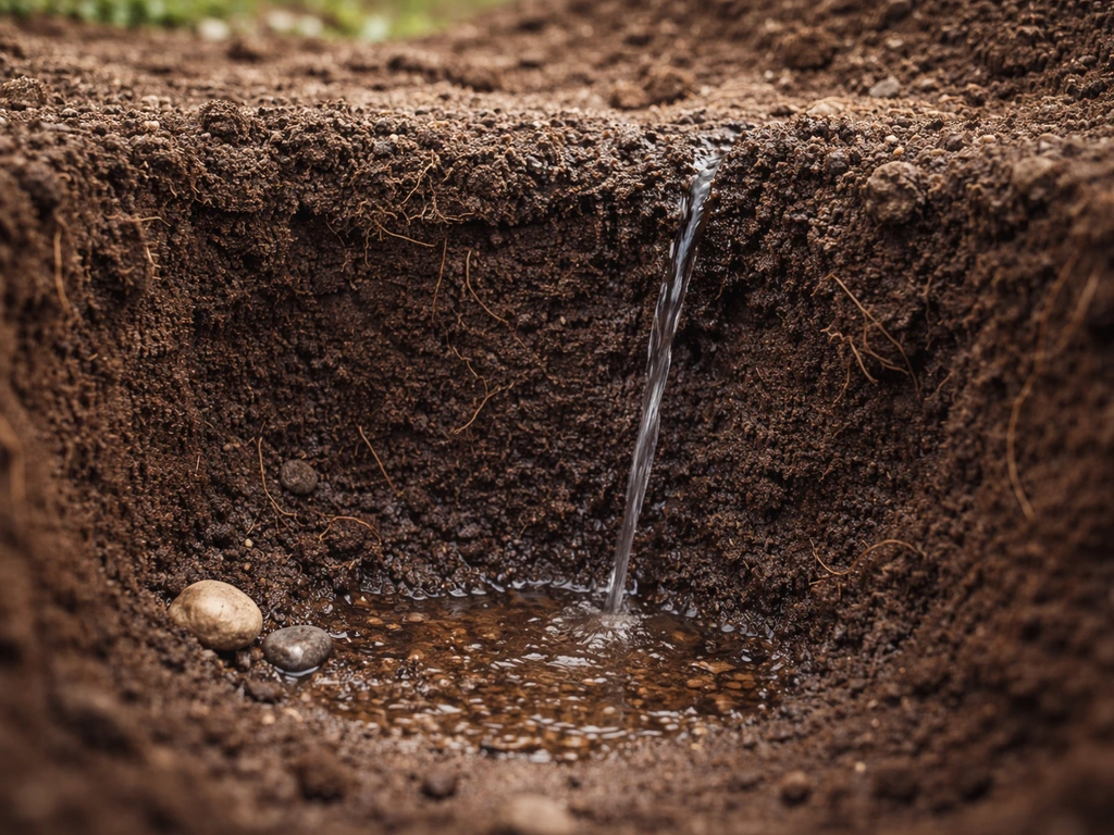 Close-up of soil layers in a planting pit with water seeping into well-drained ground