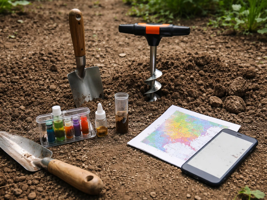 Outdoor soil-check setup with zone map printout, soil pH test kit, and small shovel on bare ground.