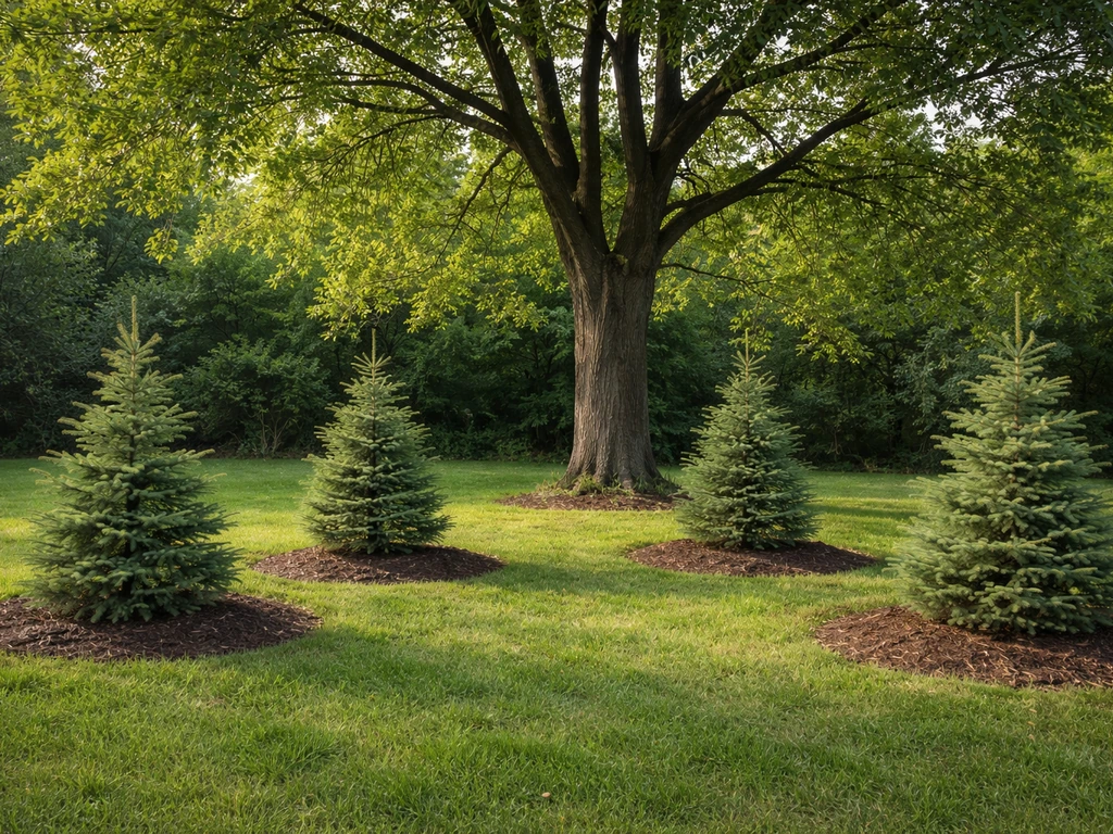 Young spruce trees planted near a mature black walnut, showing separation and coexistence in one yard view.