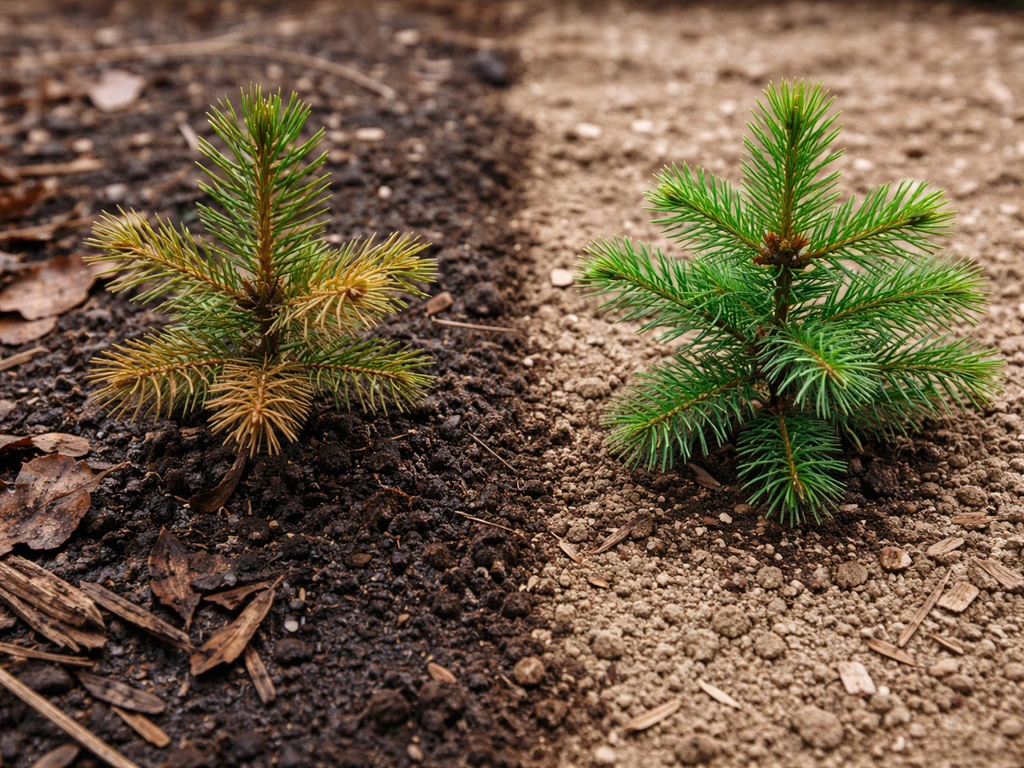 Two spruce saplings: one healthy and one stressed near a black walnut-influenced soil zone boundary.