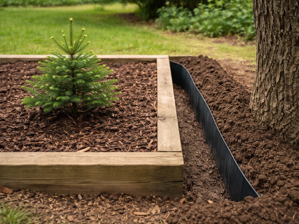 Spruce sapling in a raised bed with a soil trench root barrier beside a mature walnut tree