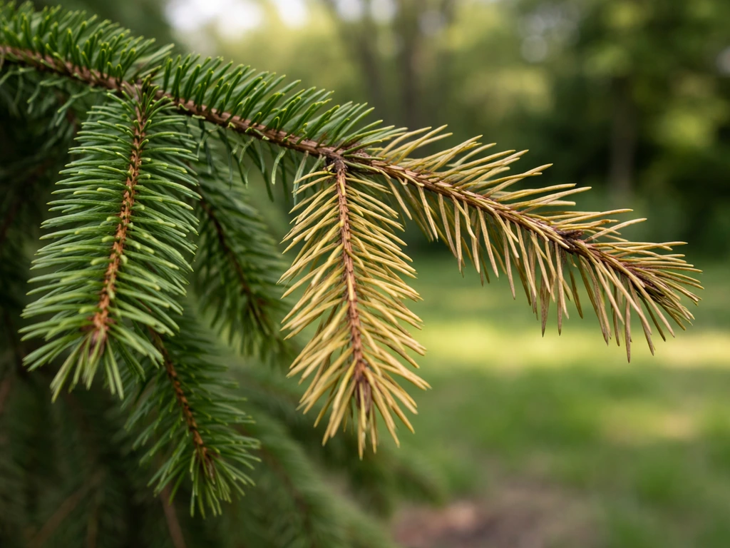 Close-up of a spruce branch with yellowing/thinning needles next to healthy green needles.