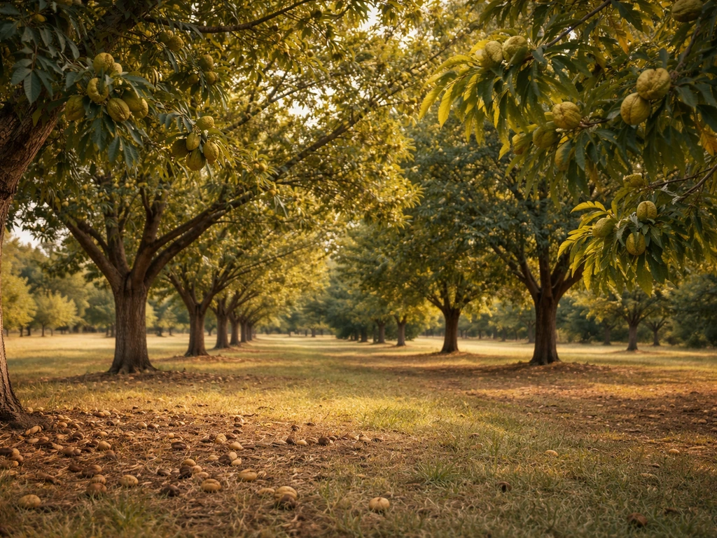 Sunlit North Carolina orchard with nut-bearing pecan, walnut, and chestnut trees and nuts on branches.