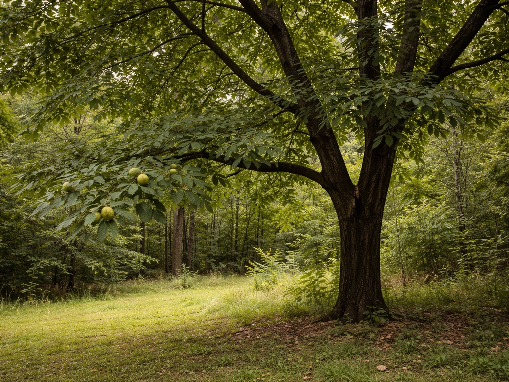 Black walnut tree canopy with green walnut husks on branches in a quiet woodland setting.