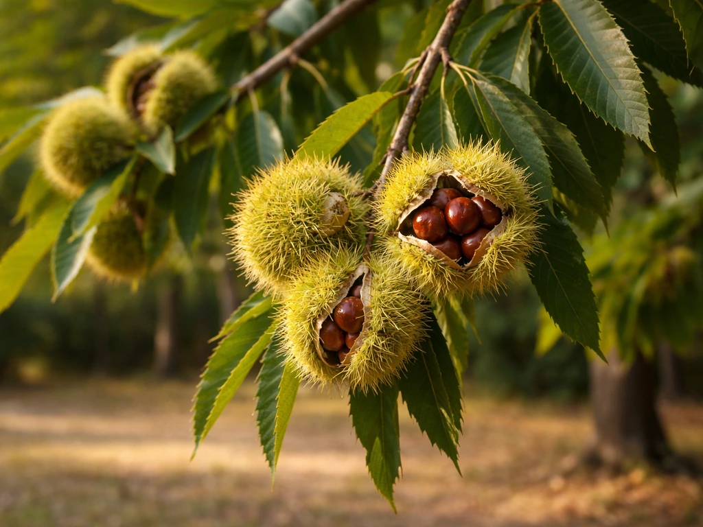 Chinese chestnut tree in the Piedmont with spiky burrs and chestnuts on branches.