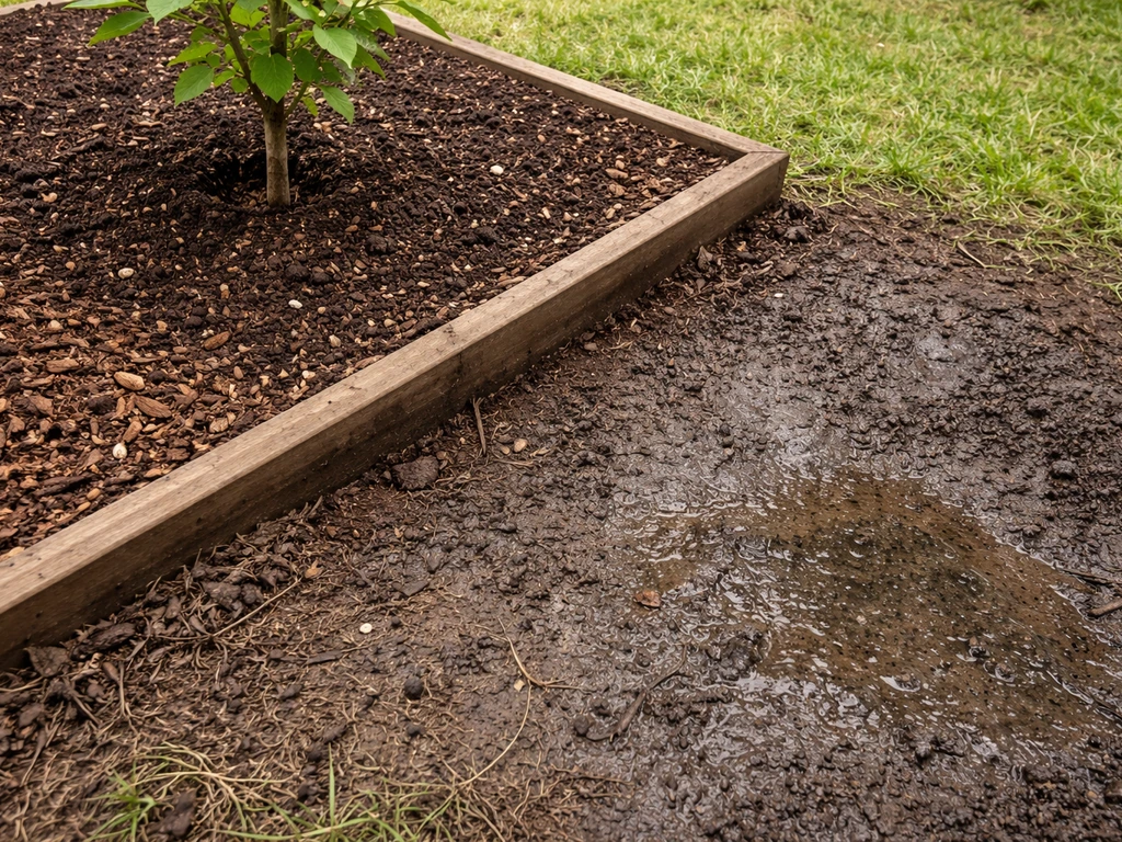 Close-up comparison of well-draining raised soil bed vs compact, waterlogged soil for nut trees.