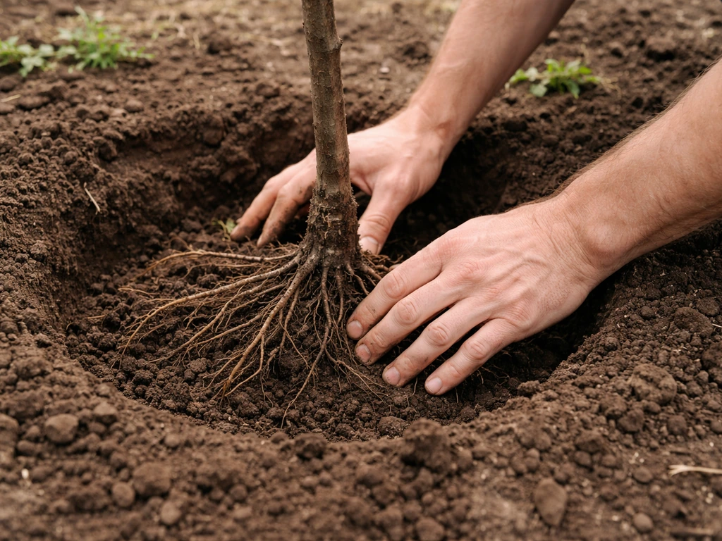 Bare-root nut tree being planted with roots in a soil mound in a simple backyard garden bed