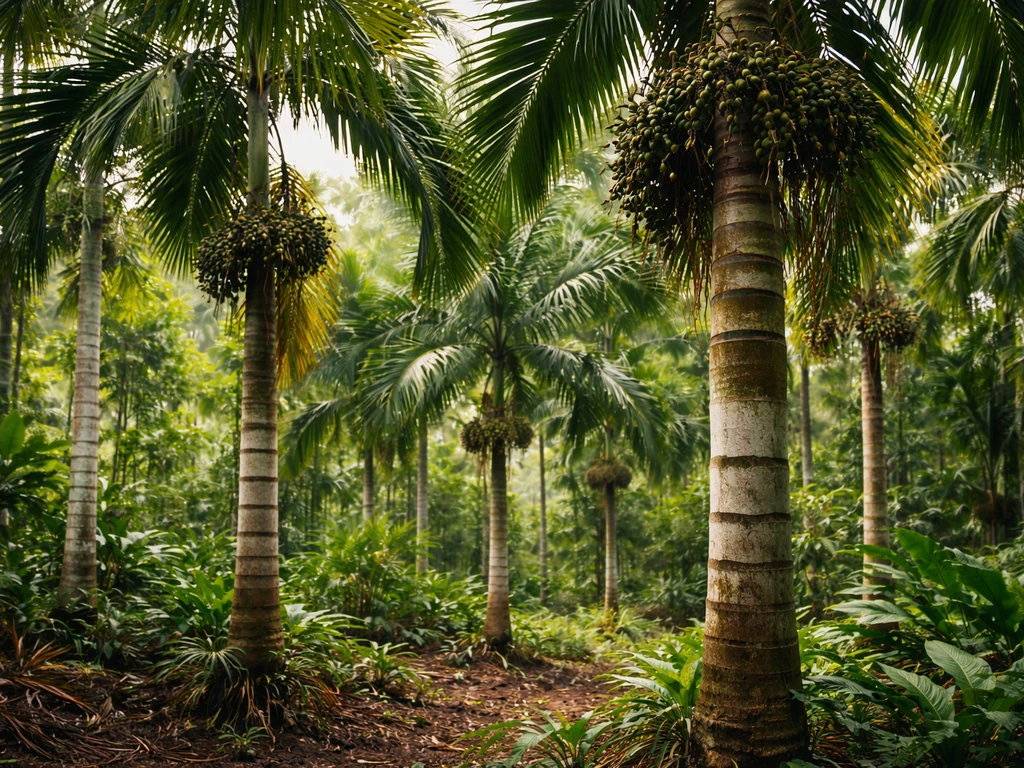 Thriving betel nut palms in a lush tropical grove with warm humid light filtering through leaves.