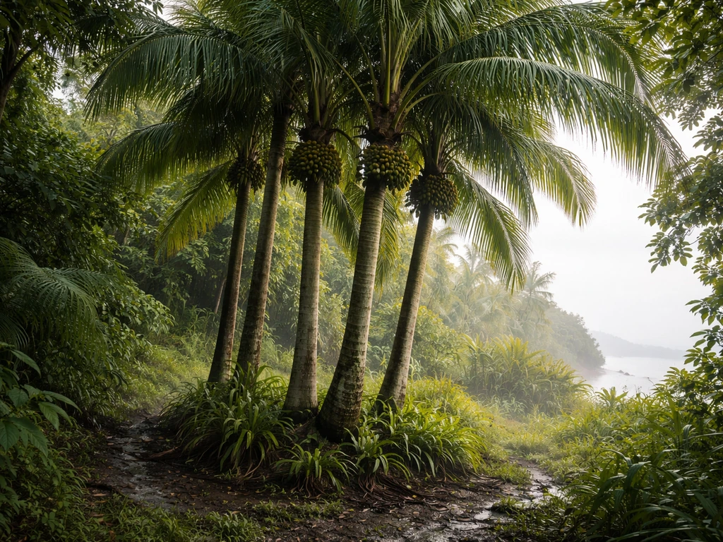 Lush betel nut (areca) palms thriving in a humid tropical coastal rainforest.