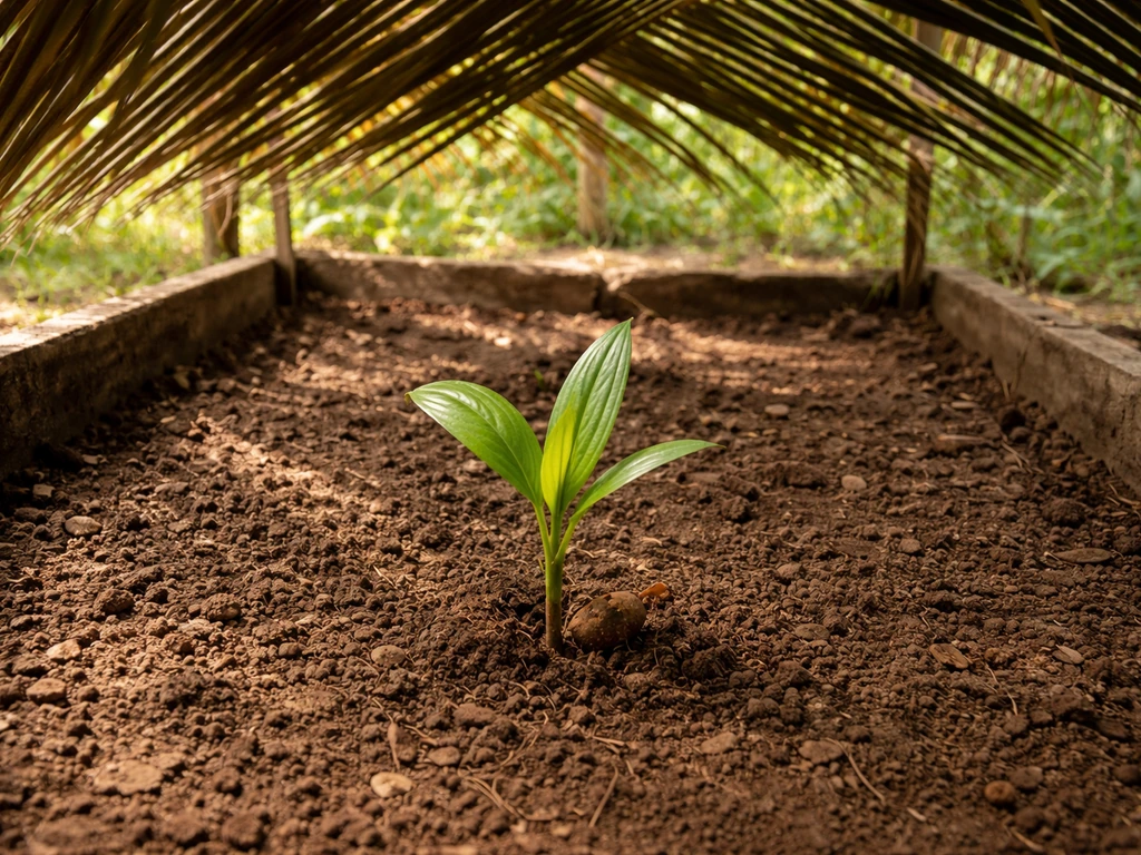 Young betel palm seedling shaded under coconut leaf fronds in a simple soil bed.