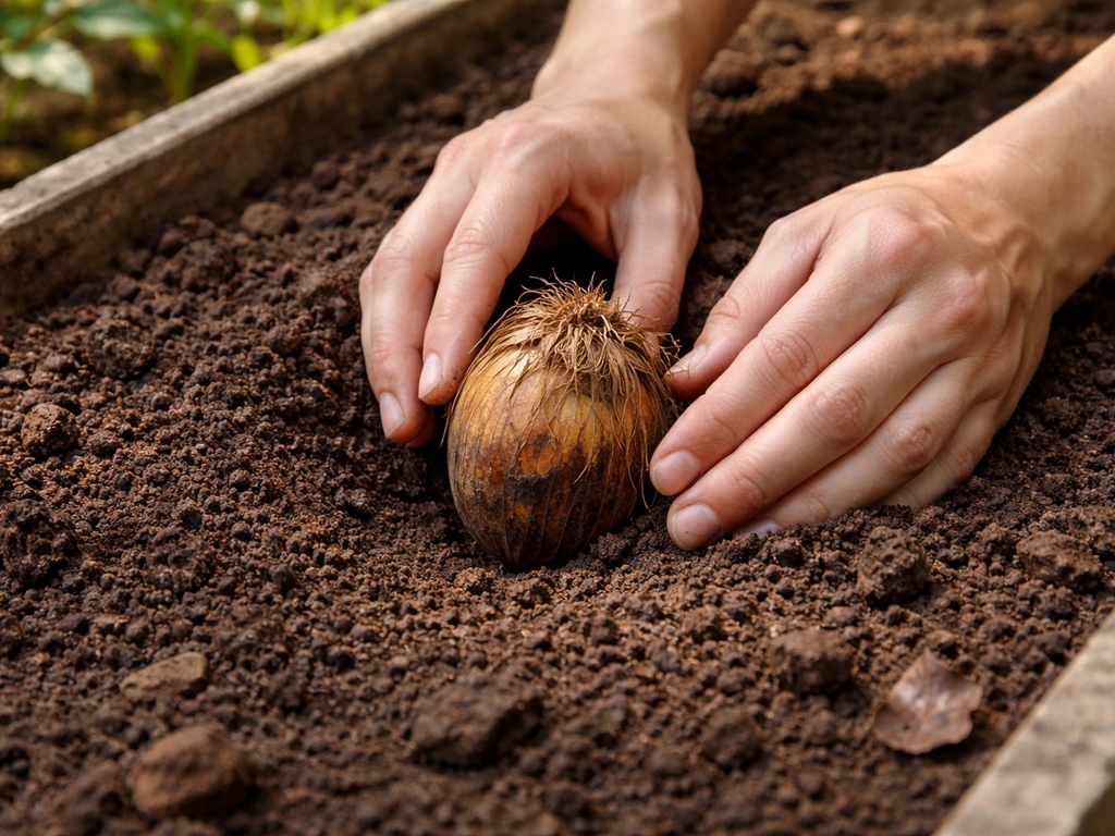 Hands place a whole betel nut into moist soil in a raised nursery bed under partial shade.