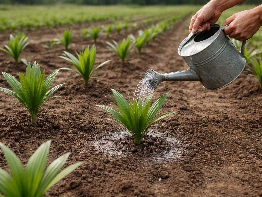 Young palm seedlings spaced in a field, being watered at the base with a simple watering can.