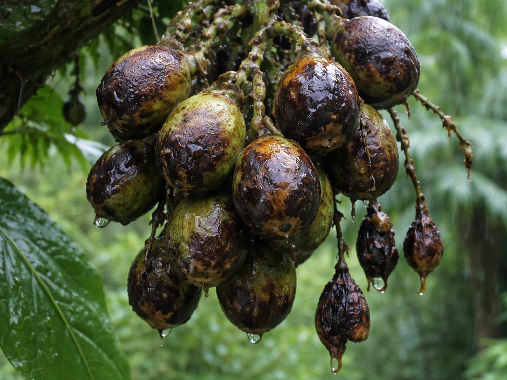 Close-up of betel nut immature fruits showing dark wet rot and shedding after rainy weather.