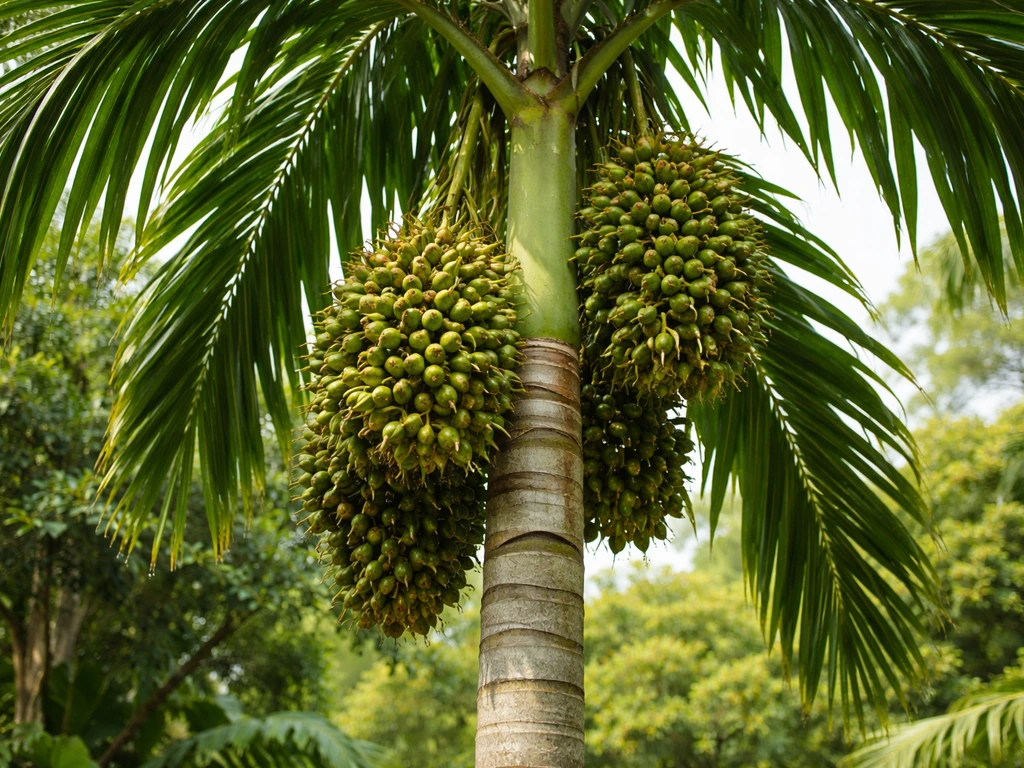 Mature betel palm with visible clusters of developing betel nuts among green fronds in sunlight.
