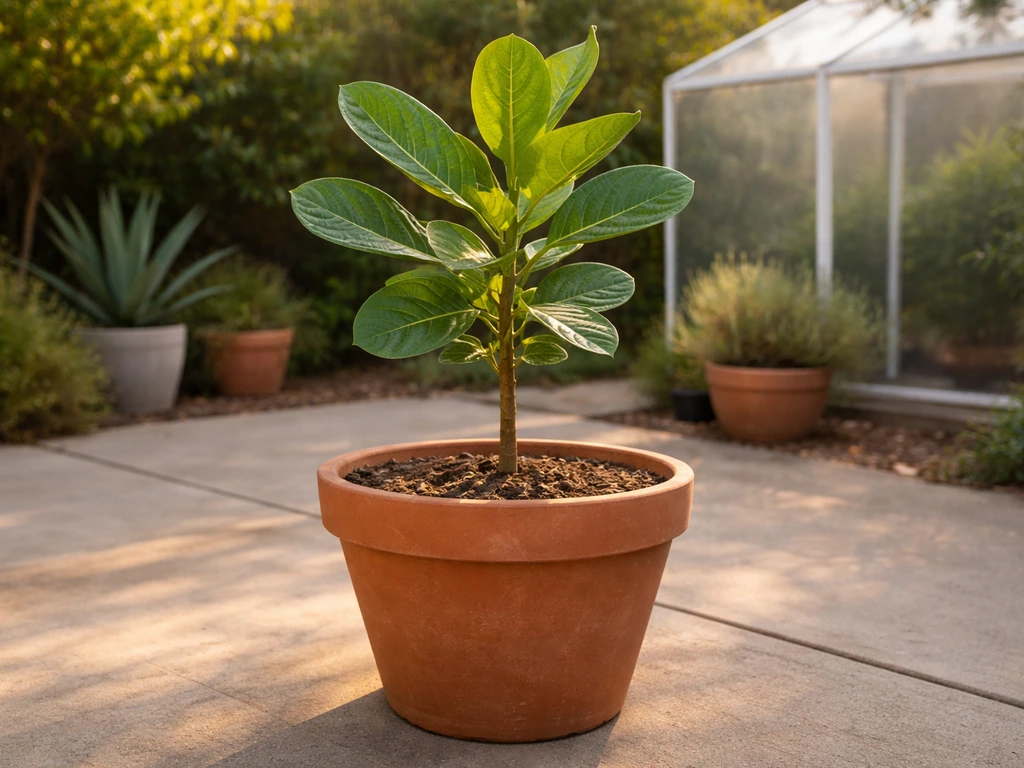 Young cashew tree in a pot on a warm patio, hinting cashews can grow in California microclimates.