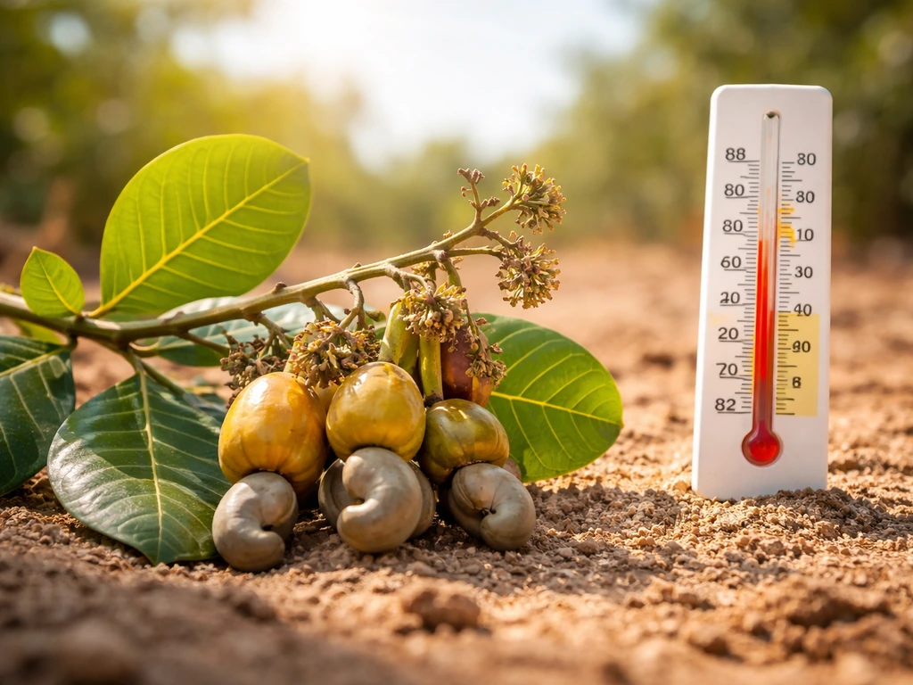 Cashew leaves and nuts in bright sun beside a warm-range thermometer outdoors, dry soil background.