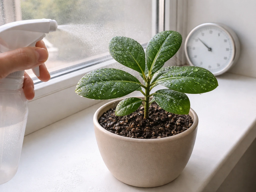 Misted tropical potted plant with a nearby hygrometer in soft natural light