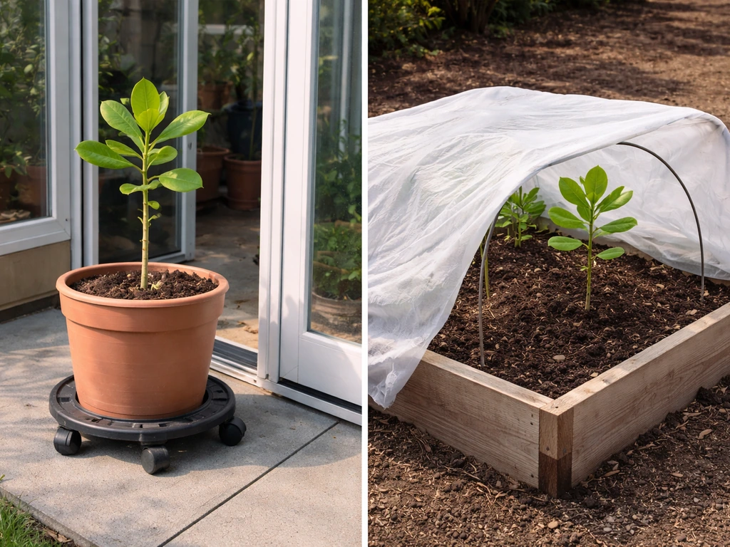 Cashew sapling in a wheeled pot by a greenhouse entrance beside a frost-covered garden bed.