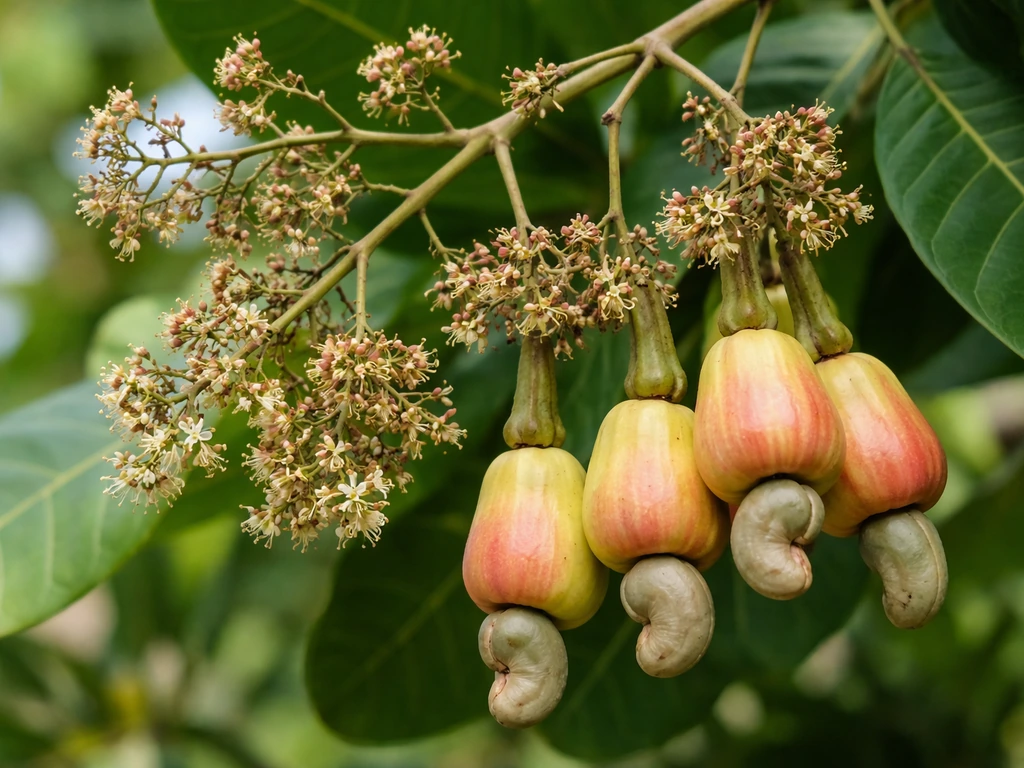 Cashew branch with delicate panicle blossoms and small attached cashew apples on a simple natural background.