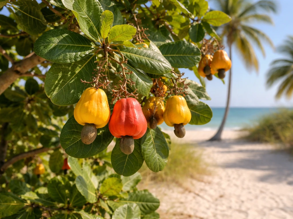Cashew tree with cashew apples and nuts growing in a lush coastal South Florida setting