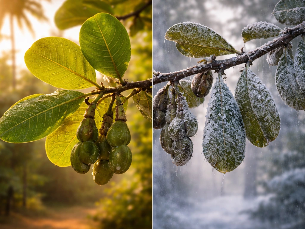 Cashew tree branch in warm tropical heat split from nearby frost-damaged branch
