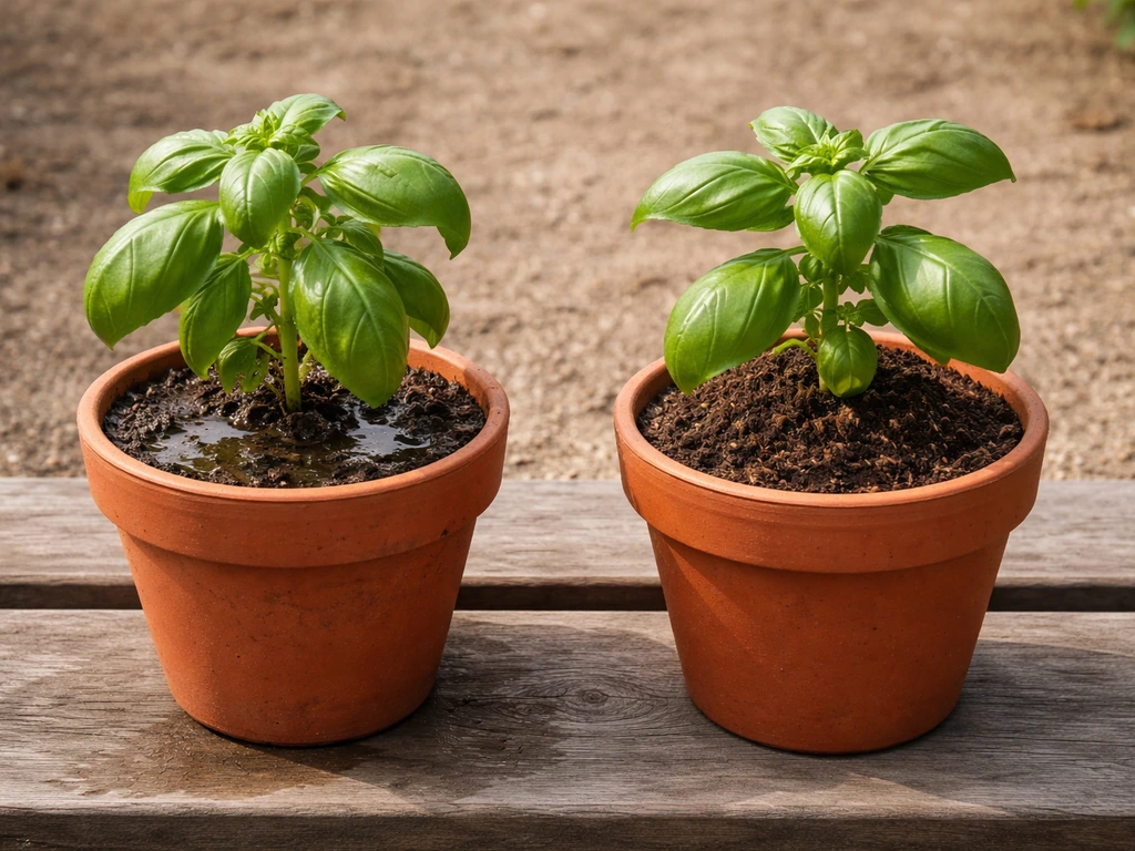 Two pots side-by-side showing waterlogged soil with drooping leaves vs raised free-draining soil with healthy leaves.