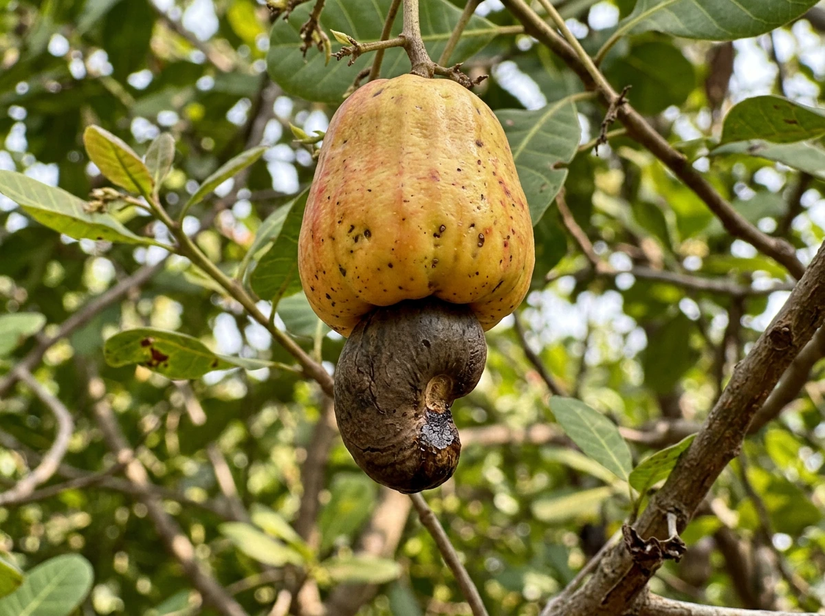 Cashew drupe and cashew apple on the branch, showing how the nut forms