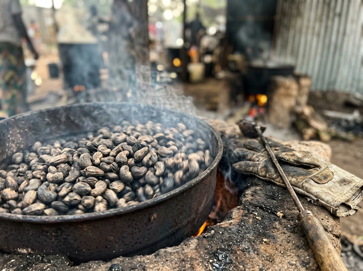 Roasted cashews process: whole cashews in-shell being cooked