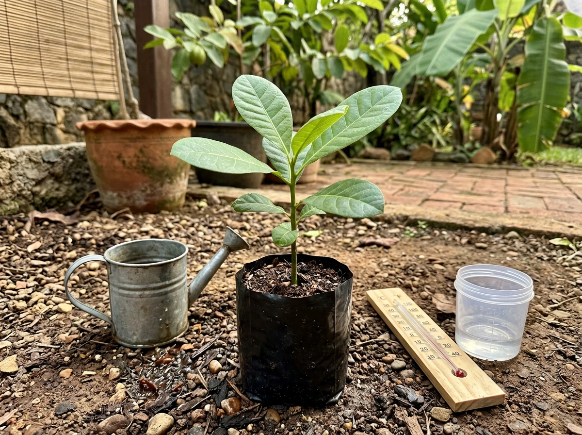 Cashew seedlings planted outdoors in warm soil for home growing