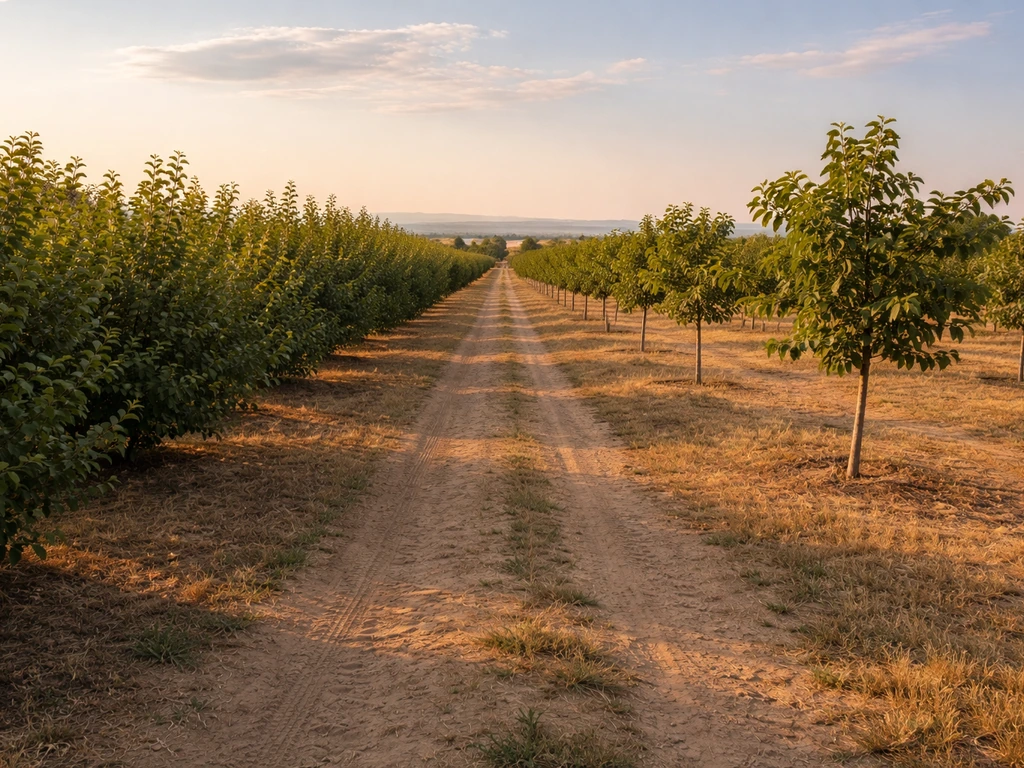Sunlit Idaho orchard with hazelnut shrubs and walnut/chestnut saplings in neat rows under clear sky