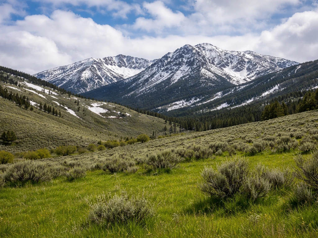 Idaho foothills with snow-dusted mountains and greener lower slopes suggesting varied growing zones