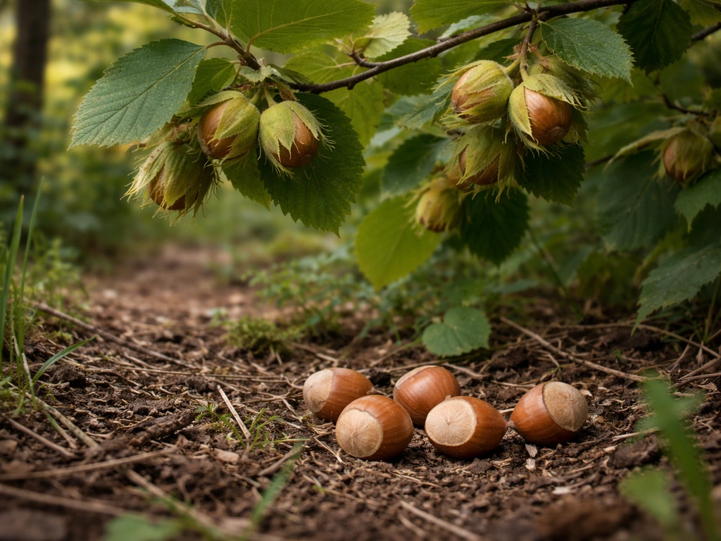 Close-up of hazelnuts on a tree branch with a few in-shell nuts on natural ground