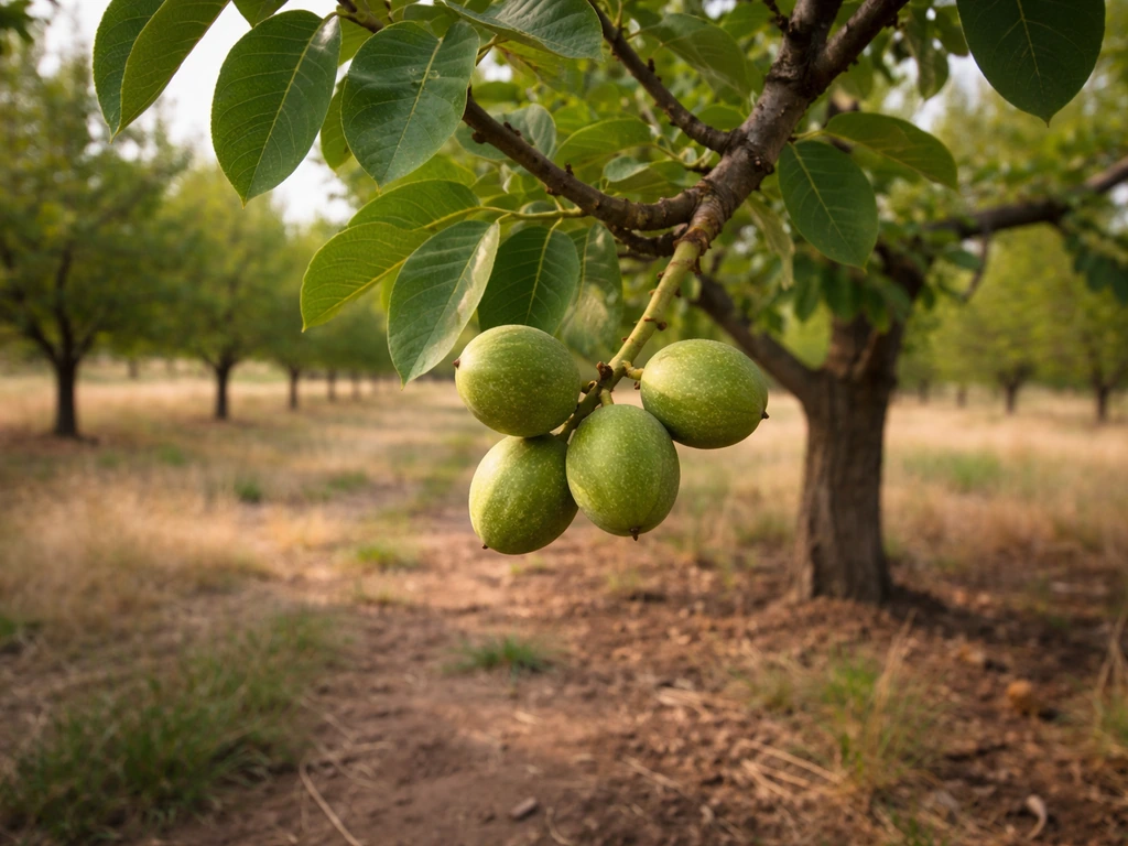 Young English walnut tree in a quiet orchard with developing nuts on branches