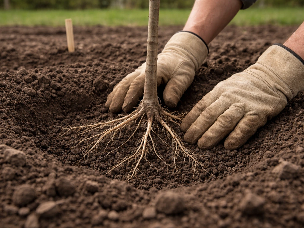 Gloved hands placing a bare-root nut tree into a prepared soil hole, showing clear root contact.