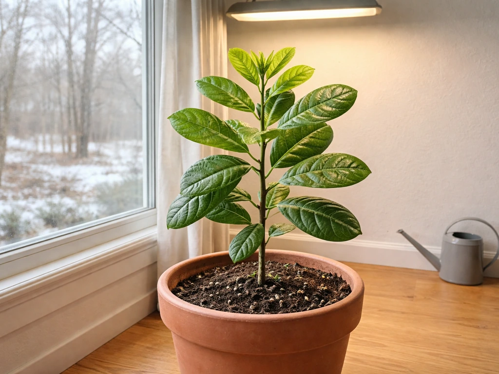 Young cashew tree in a large container indoors near a sunny window with wintry Ohio scene outside.