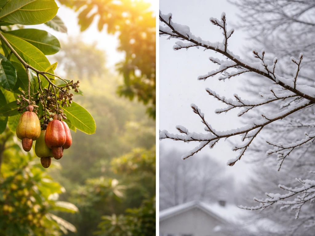 Split image: cashew tree in warm tropical light vs frost-and-snow branches in a cold winter scene.