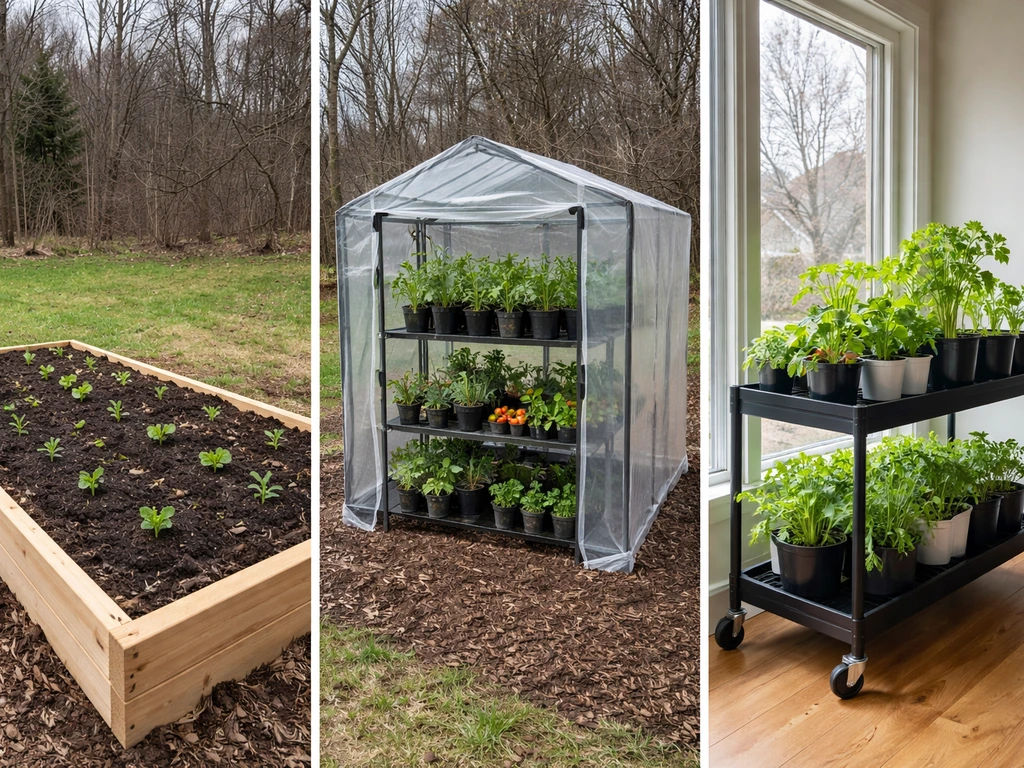 Three side-by-side scenes: outdoor garden bed, small greenhouse, and indoor potted plants on a rolling cart.