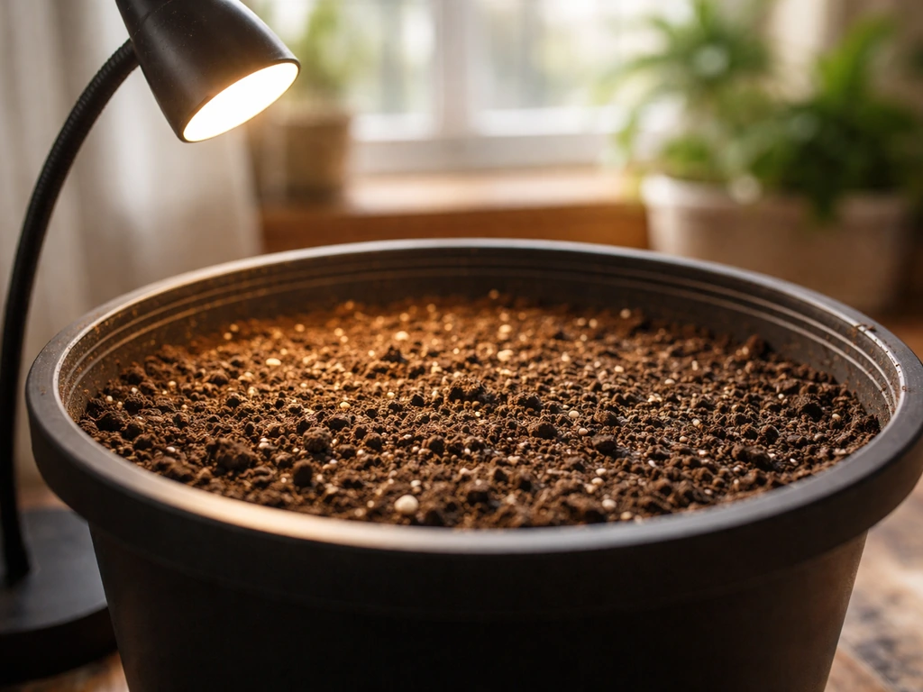 Closeup of well-draining potting mix in a container beside a lit grow light for indoor plant setup.